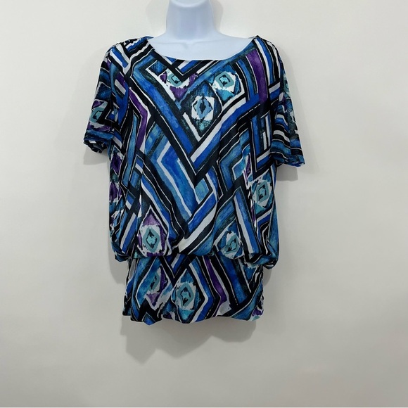 Chicos Black Blue Geometric Print Bianca Short Sleevee Blouse - Picture 1 of 14
